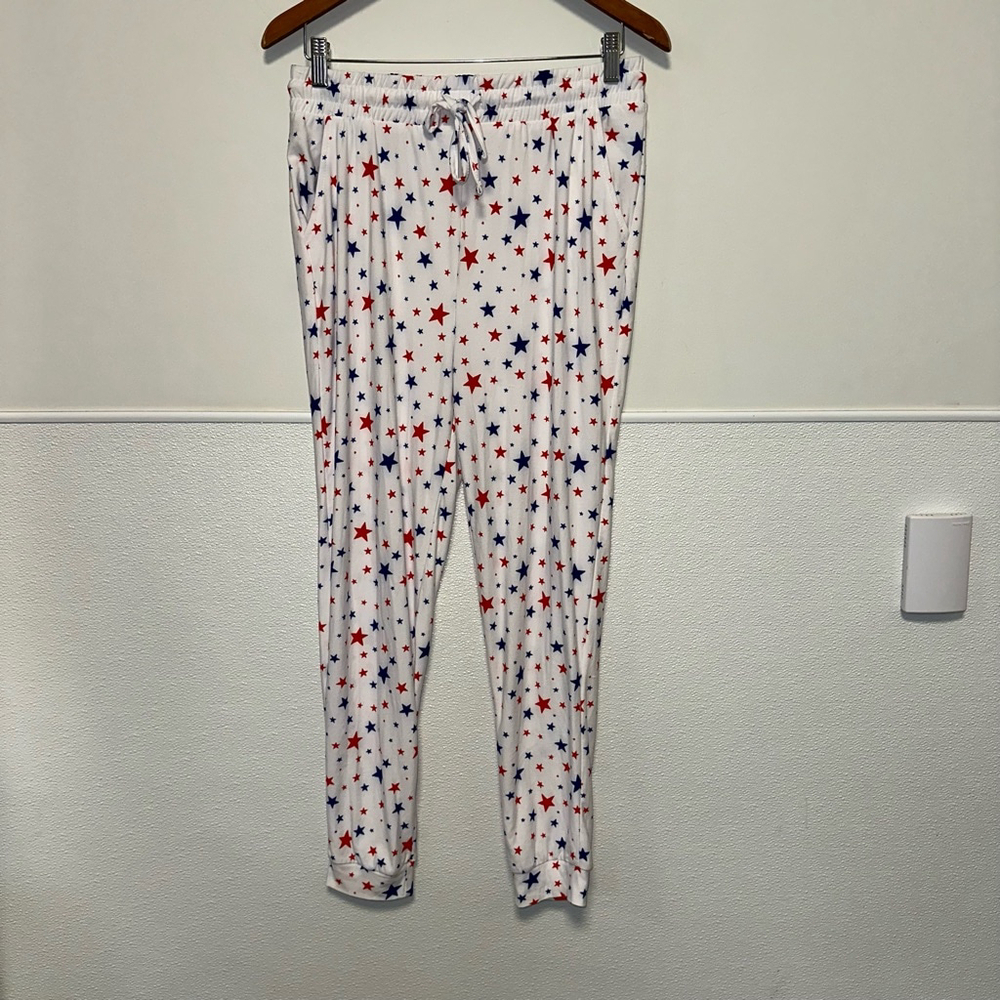 Women's Love Streak Jogger Pants Size M White Red Blue Stars Stars Loungewear